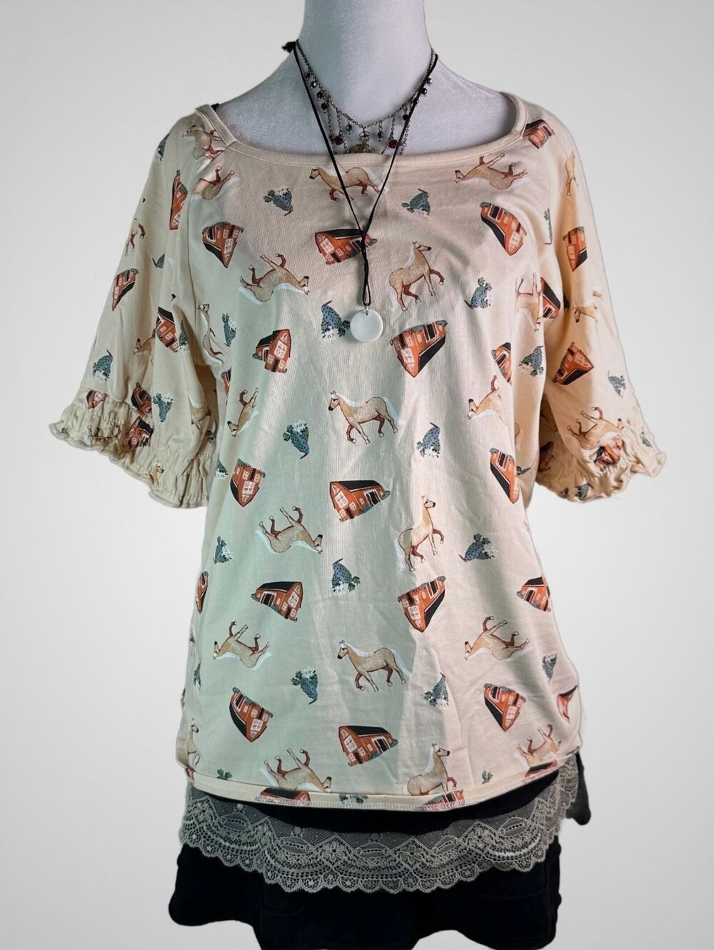 Wrangler western equestrian Horse And Barn yard shirt (Sz Jr Xxl Womens L)